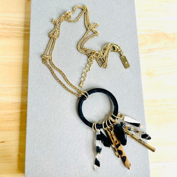 INC Gold Tone Black Felt Round Pendant Animal Print Bead Dangles Necklace - Picture 2 of 5